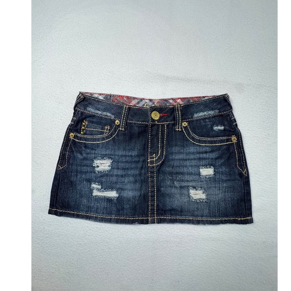 Y2K Amethyst Womens Size 5 Denim Mini Skirt‎ Dark Wash Distressed Thick Stitch